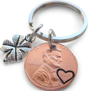 2017 US One Cent Penny Keychain with Heart Around Year & Clover Charm; 8 Year Anniversary, Couples Keychain