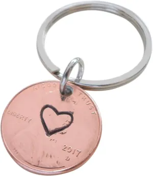 Centered Heart Stamped on 2017 Penny Keychain; 8 Year Anniversary, Couples Keychain