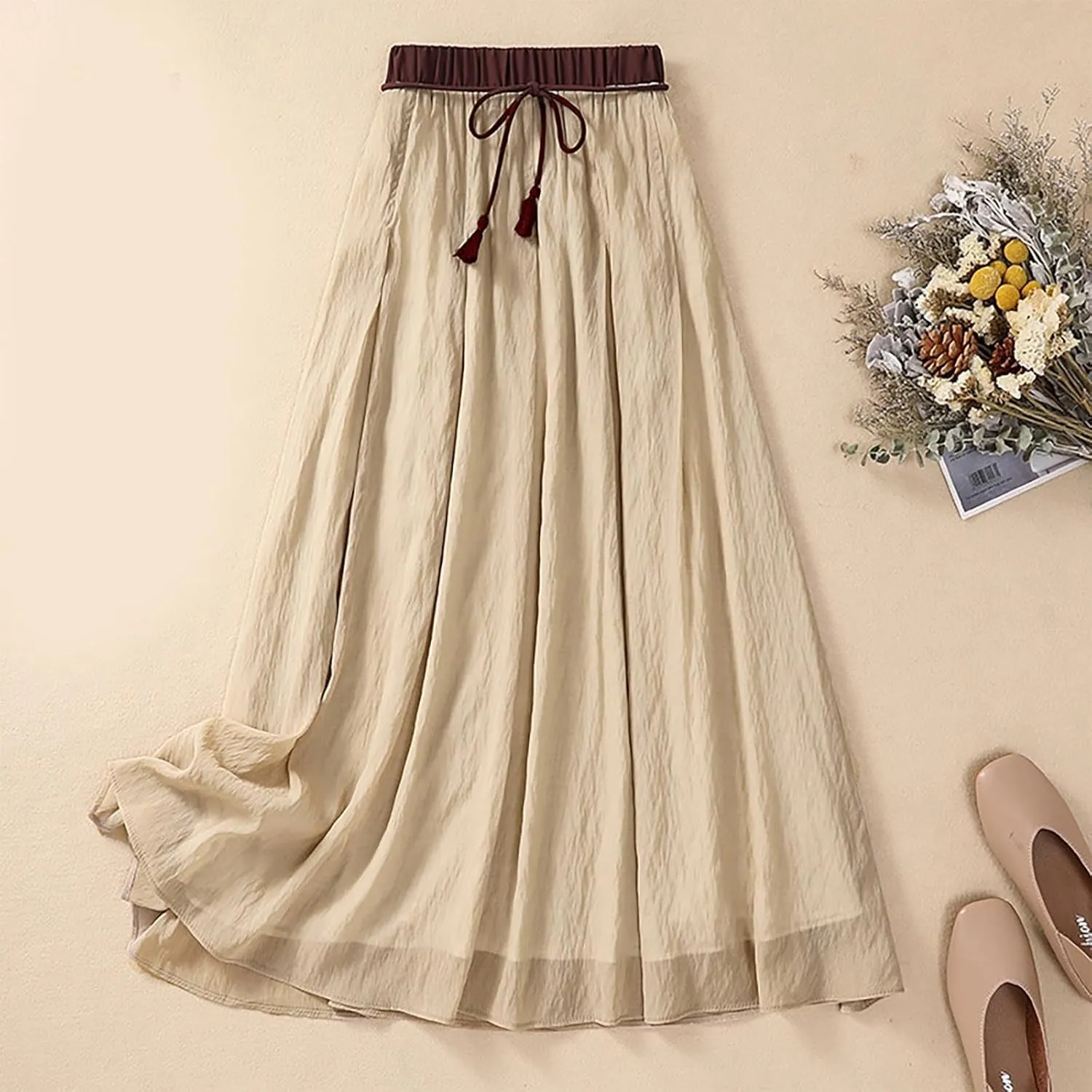 Cotton Linen Skirts Women Summer Flowy Skirts Elastic Waist Drawstring Skirts Beach Vacation Skirts Casual Maxi Skirt