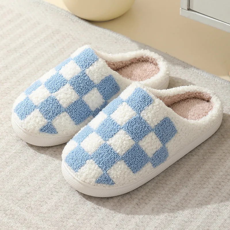 Couple's Winter Checkerboard Print House Slippers