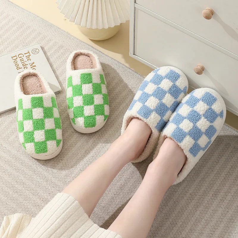 Couple's Winter Checkerboard Print House Slippers
