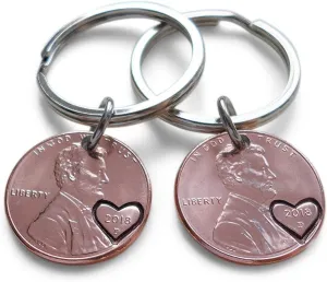 Double Keychain Set 2018 US One Cent Penny Keychains with Heart Around Year; 7 Year Anniversary, Couples Keychain