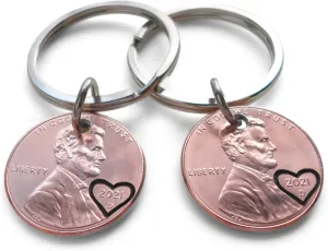 Double Keychain Set 2021 US One Cent Penny Keychains with Heart Around Year; 4 Year Anniversary, Couples Keychain