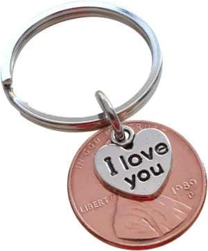 I Love You Heart Charm Layered Over 1989 Penny Keychain, 36 Year Anniversary, Couples Keychain
