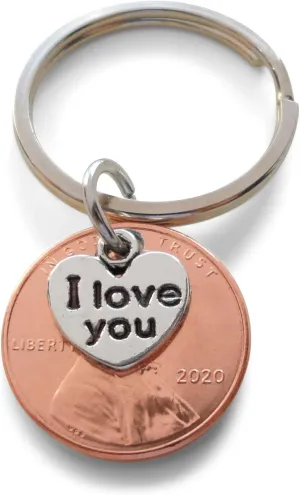 I Love You Heart Charm Layered Over 2020 US One Cent Penny Keychain; 5 Year Anniversary, Couples Keychain