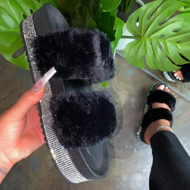 Rhinestone Slippers with Platform Wedge Heel