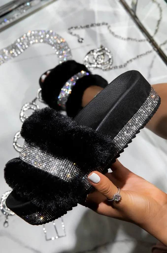 Rhinestone Slippers with Platform Wedge Heel