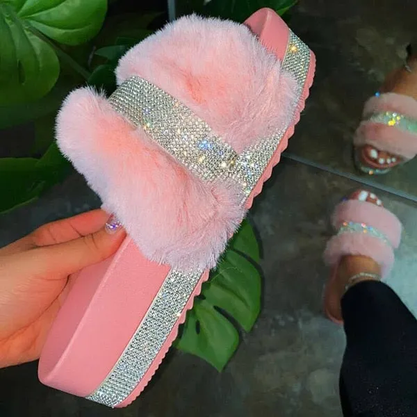 Rhinestone Slippers with Platform Wedge Heel
