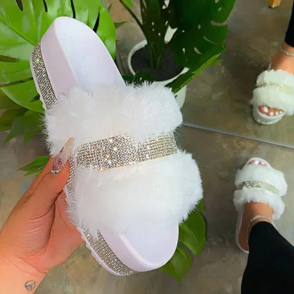 Rhinestone Slippers with Platform Wedge Heel