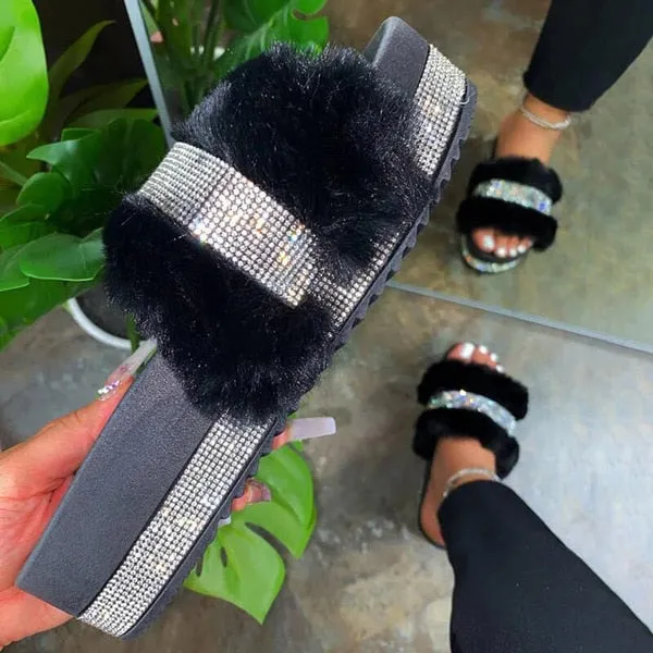Rhinestone Slippers with Platform Wedge Heel