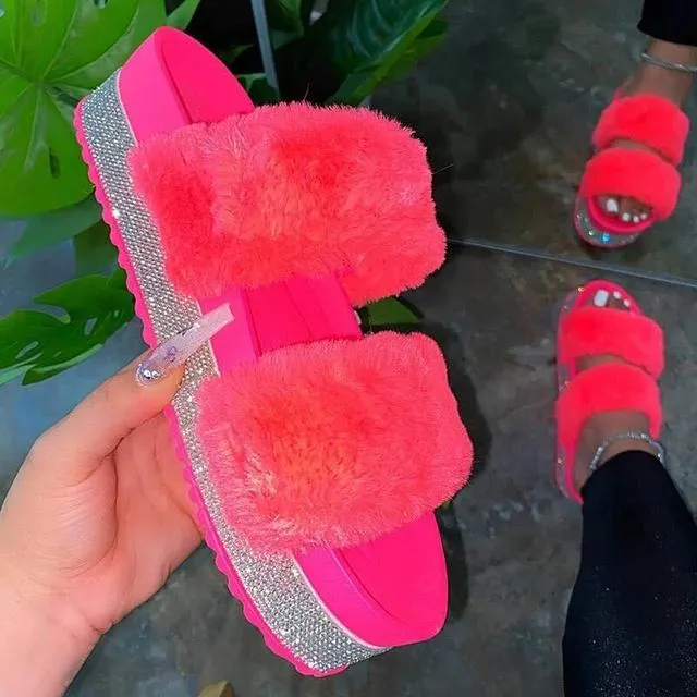 Rhinestone Slippers with Platform Wedge Heel