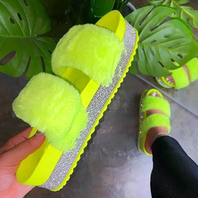 Rhinestone Slippers with Platform Wedge Heel