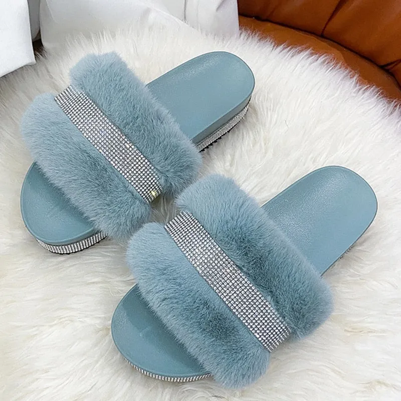 Rhinestone Slippers with Platform Wedge Heel
