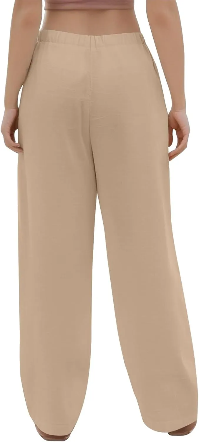 Summer Womens Work Pants Linen Drawstring Vacation Baggy Pants Wide Leg Palazzo High Waisted Pocket Solid Trouser 2025