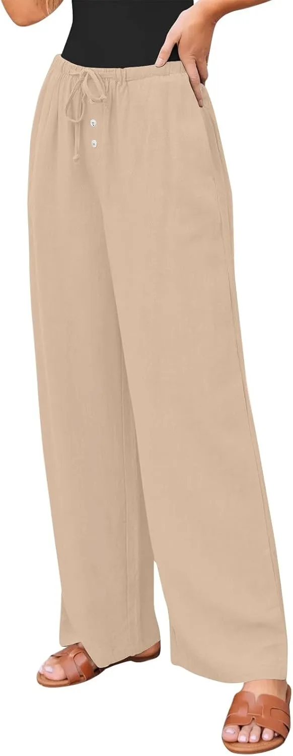 Summer Womens Work Pants Linen Drawstring Vacation Baggy Pants Wide Leg Palazzo High Waisted Pocket Solid Trouser 2025