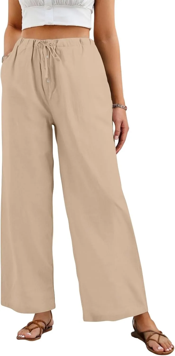 Summer Womens Work Pants Linen Drawstring Vacation Baggy Pants Wide Leg Palazzo High Waisted Pocket Solid Trouser 2025