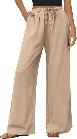 Summer Womens Work Pants Linen Drawstring Vacation Baggy Pants Wide Leg Palazzo High Waisted Pocket Solid Trouser 2025