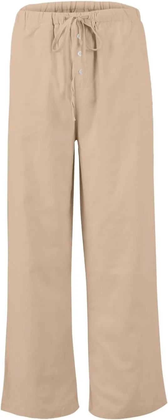 Summer Womens Work Pants Linen Drawstring Vacation Baggy Pants Wide Leg Palazzo High Waisted Pocket Solid Trouser 2025