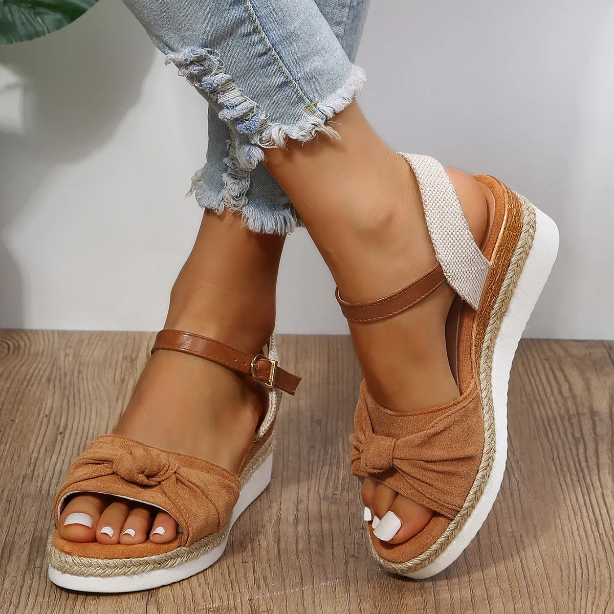 Wholesale Bow Hemp Rope Thick Sole Lightweight Shoes Fish Mouth Sandals