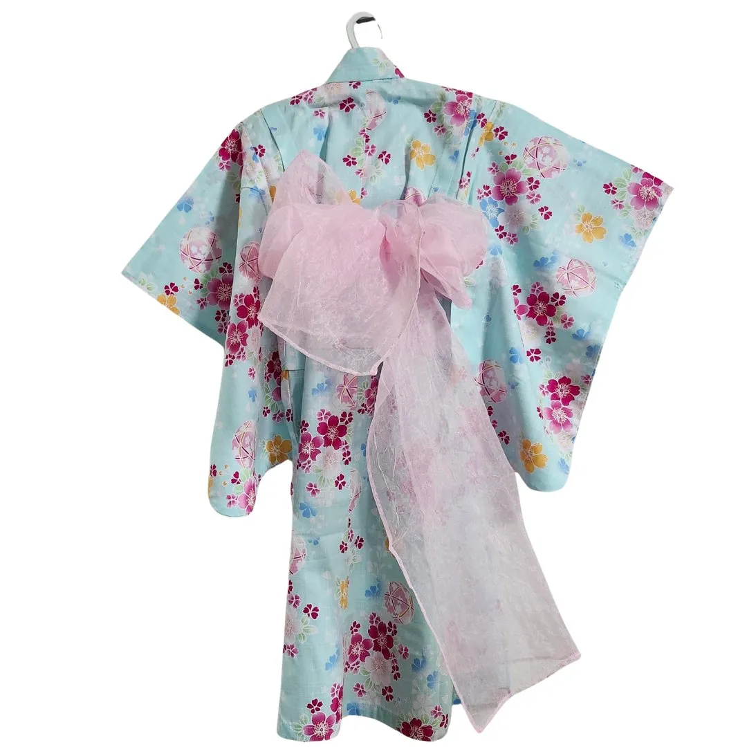 Yukata Girls - Light blue with hearts and pink & orange flowers