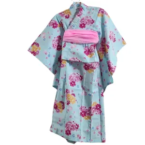 Yukata Girls - Light blue with hearts and pink & orange flowers