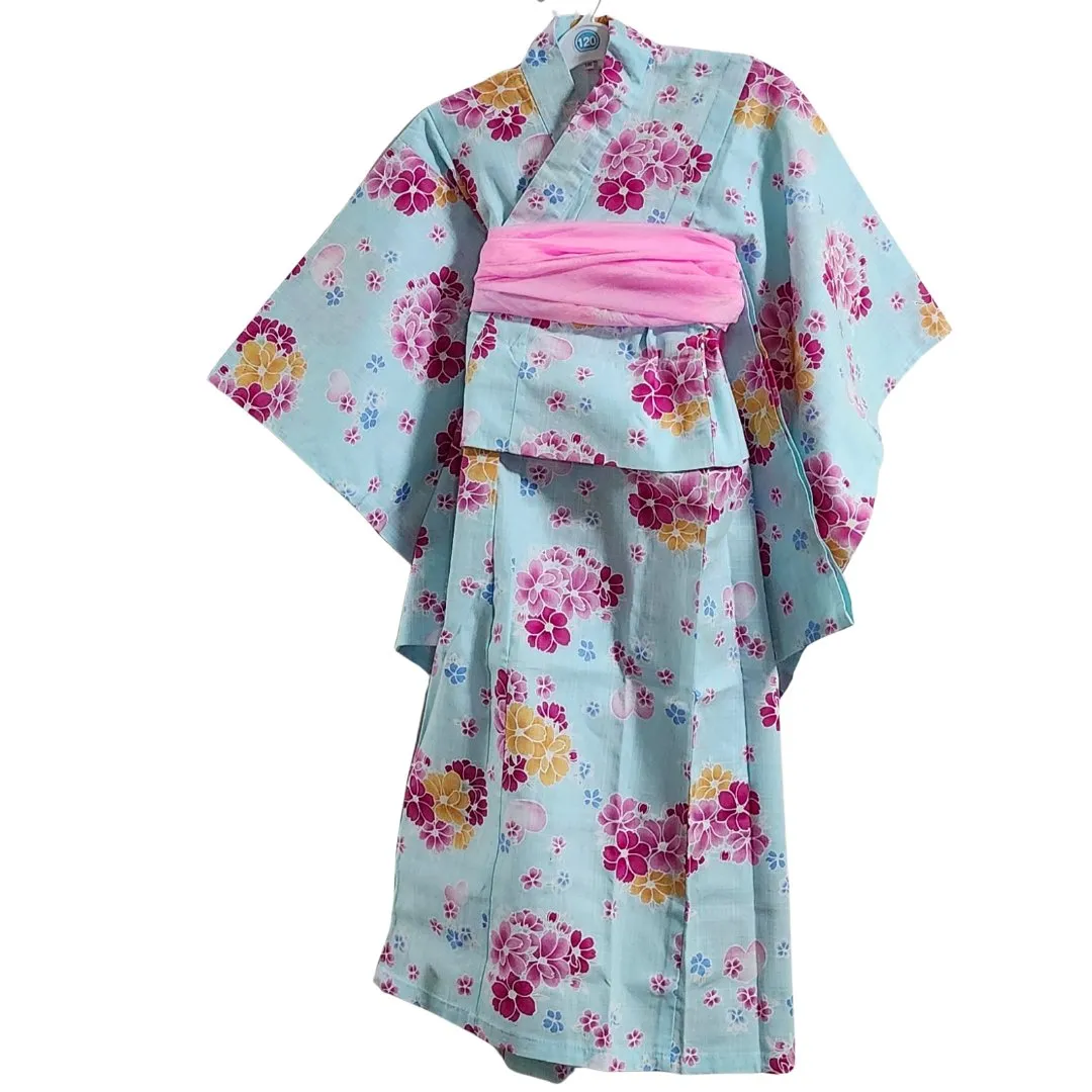 Yukata Girls - Light blue with hearts and pink & orange flowers